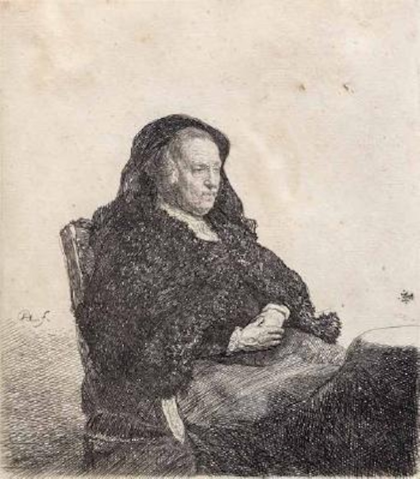 The Artists Mother seated at a Table, looking right: three quarter length (New Hollstein 91; Bartsch 343) by Attributed to Rembrandt Harmensz van Rijn