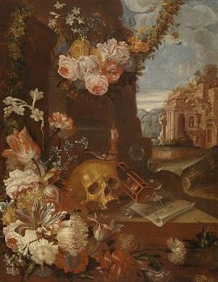A Vanitas still life with Flowers, a skull, an hourglass, soap bubbles and ruins by Franz Werner von Tamm