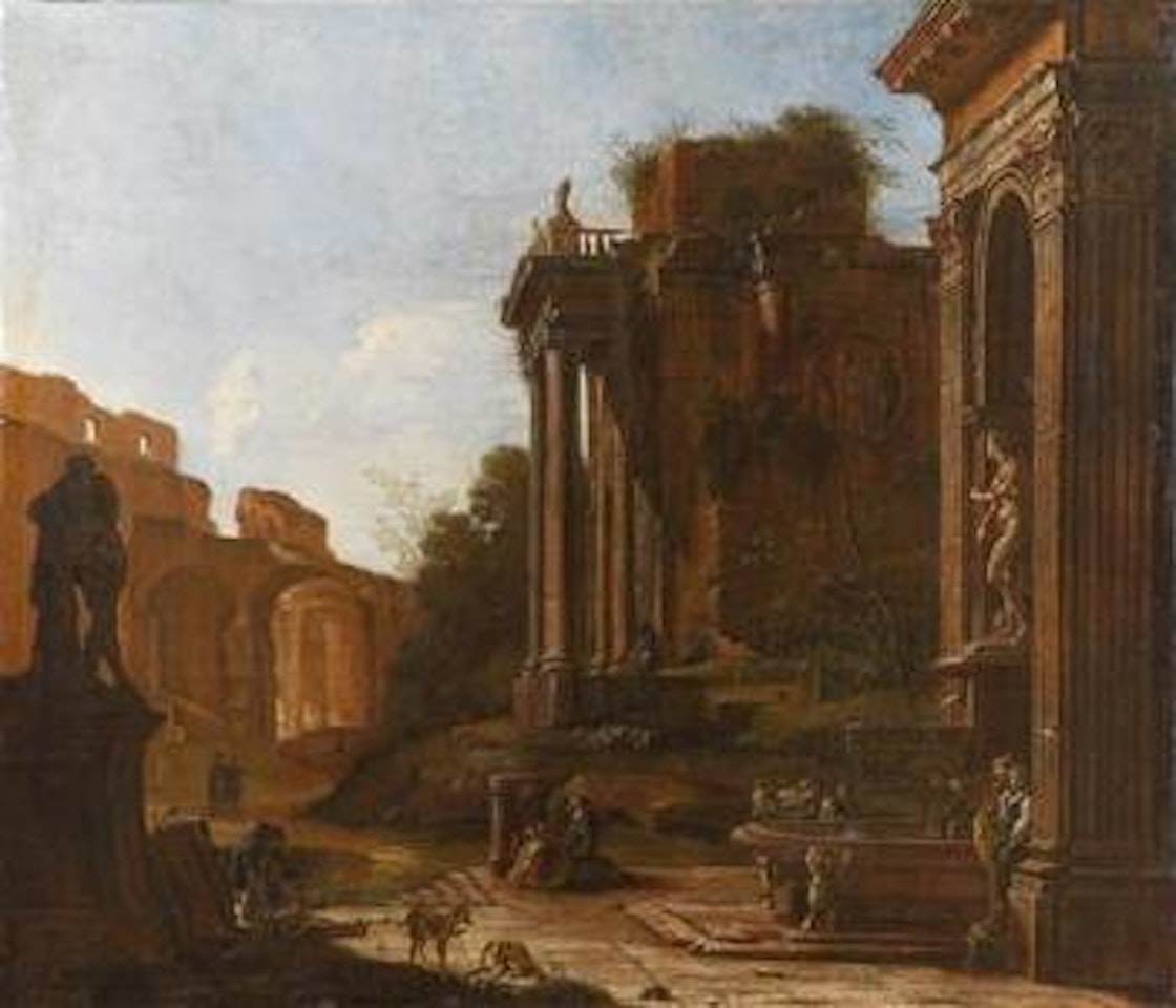 Figures in a ruined Landscape by Giovanni Ghisolfi