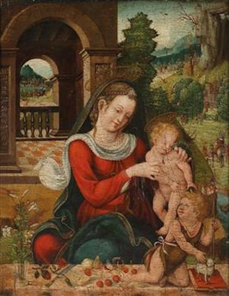 The Madonna and Child with the Infant Baptist against a Landscape backdrop by Joos van Cleve