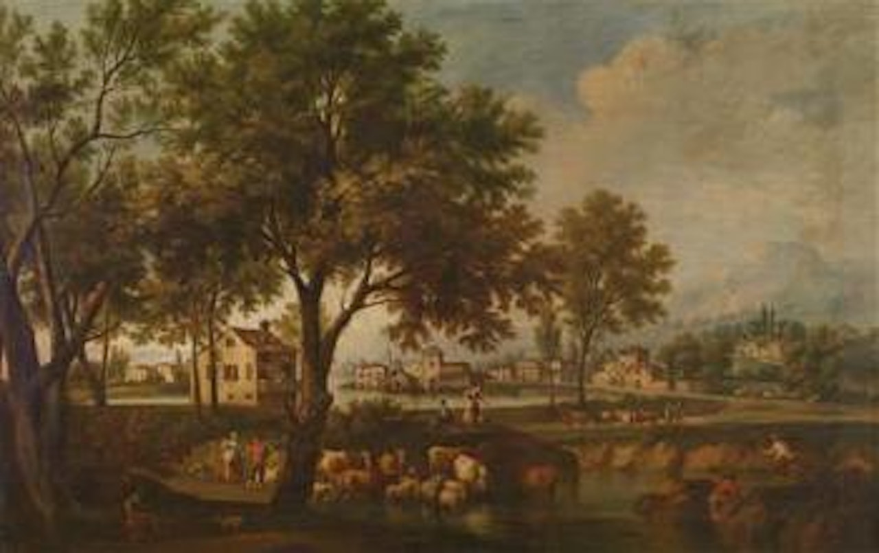 A River landscape with Shepherds and their Flock by Venetian School