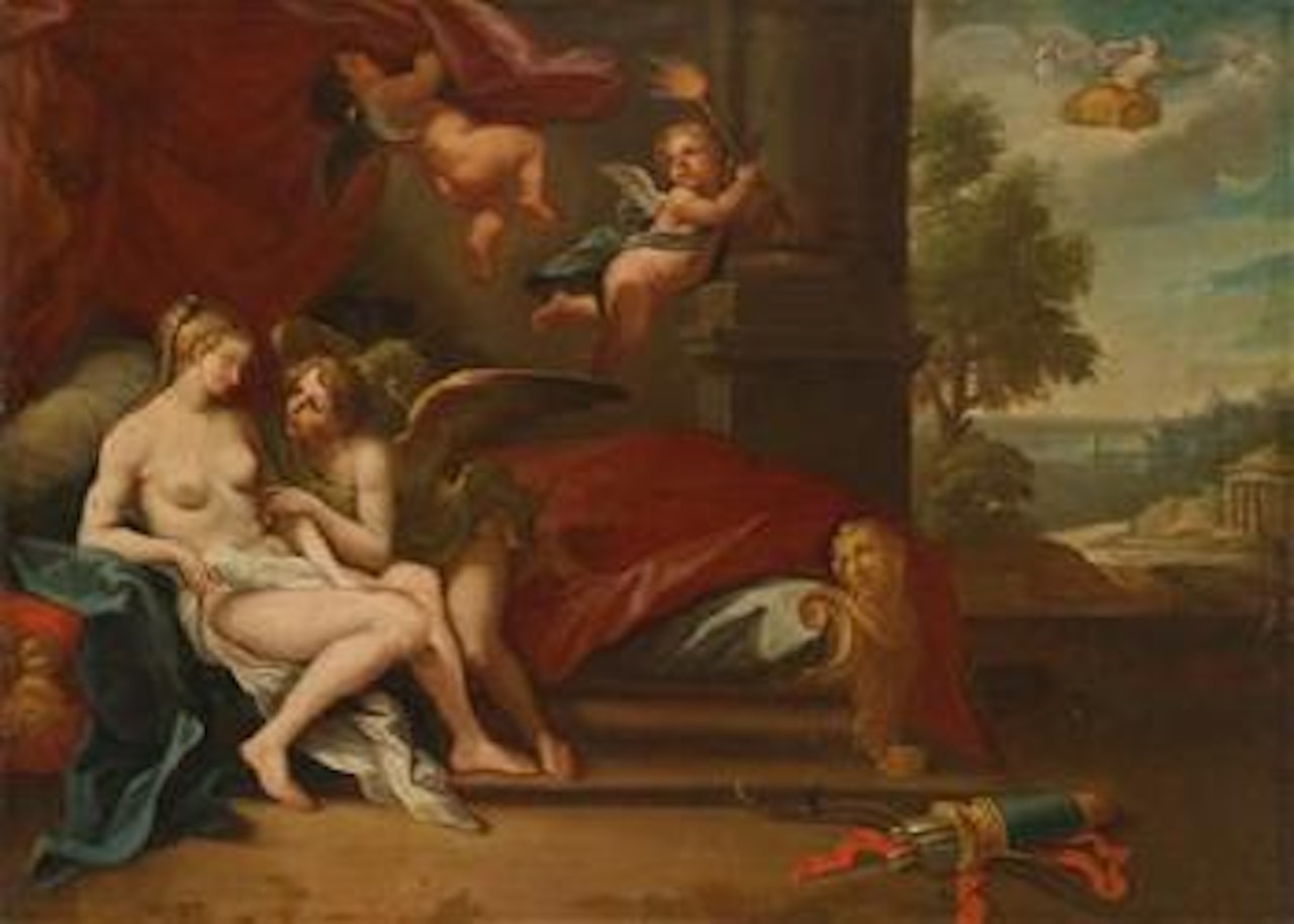 A Pair of Mythological scenes featuring Venus and Cupid and Diana and Actaeon by Roman School