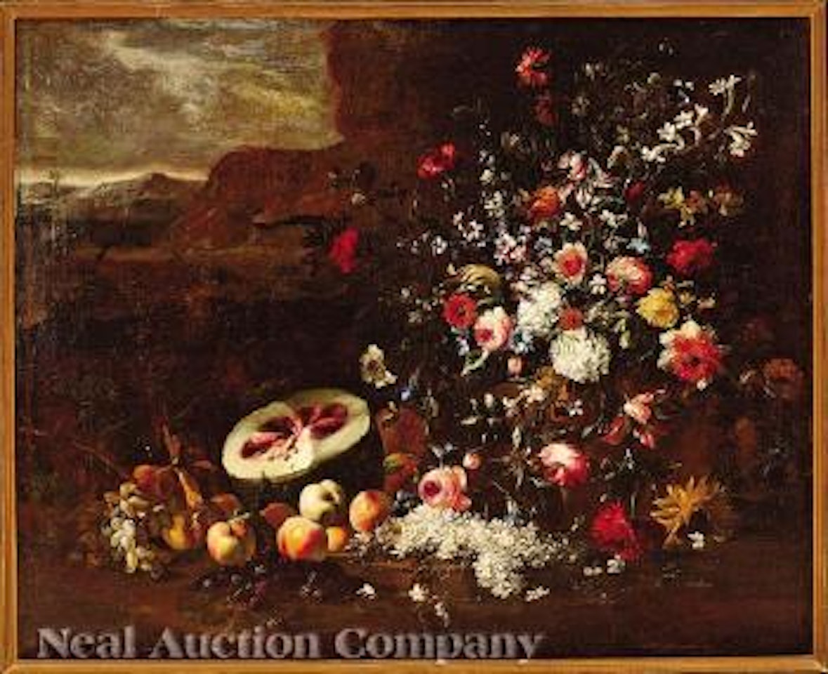 Still Life of Flowers and Fruits in a wide Landscape by Giuseppe Recco