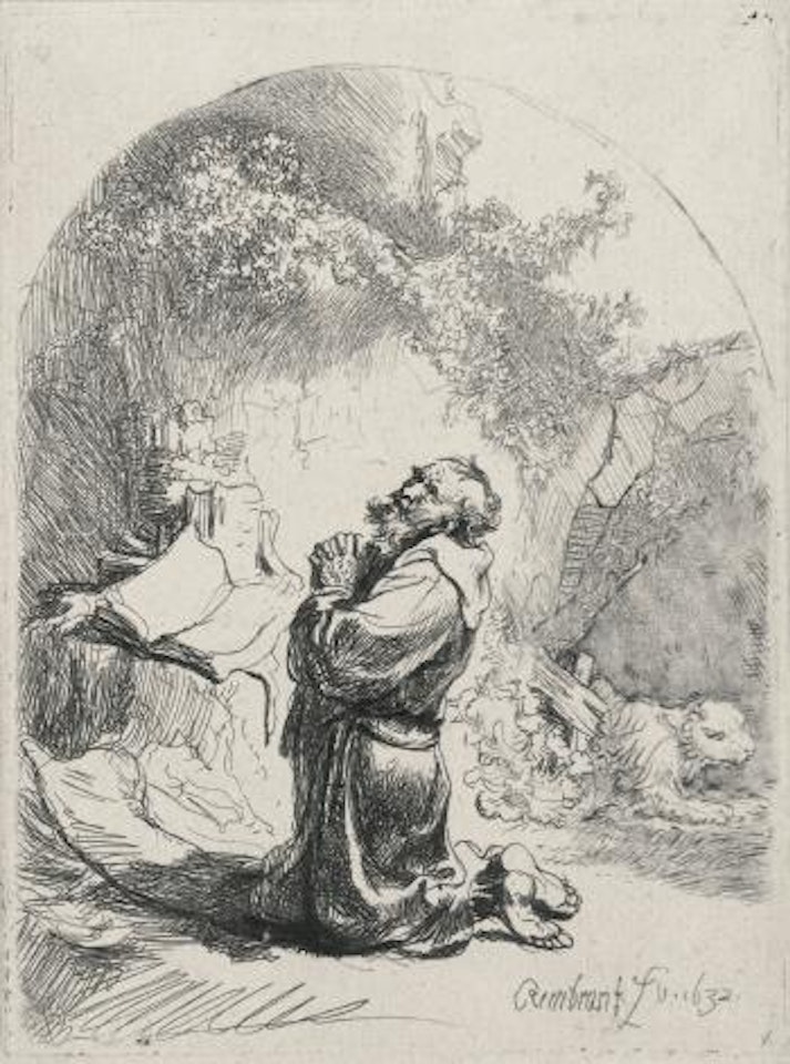 Saint Jerome Praying: Arched (B., Holl. 101; New Holl. 112; H. 94) by Attributed to Rembrandt Harmensz van Rijn