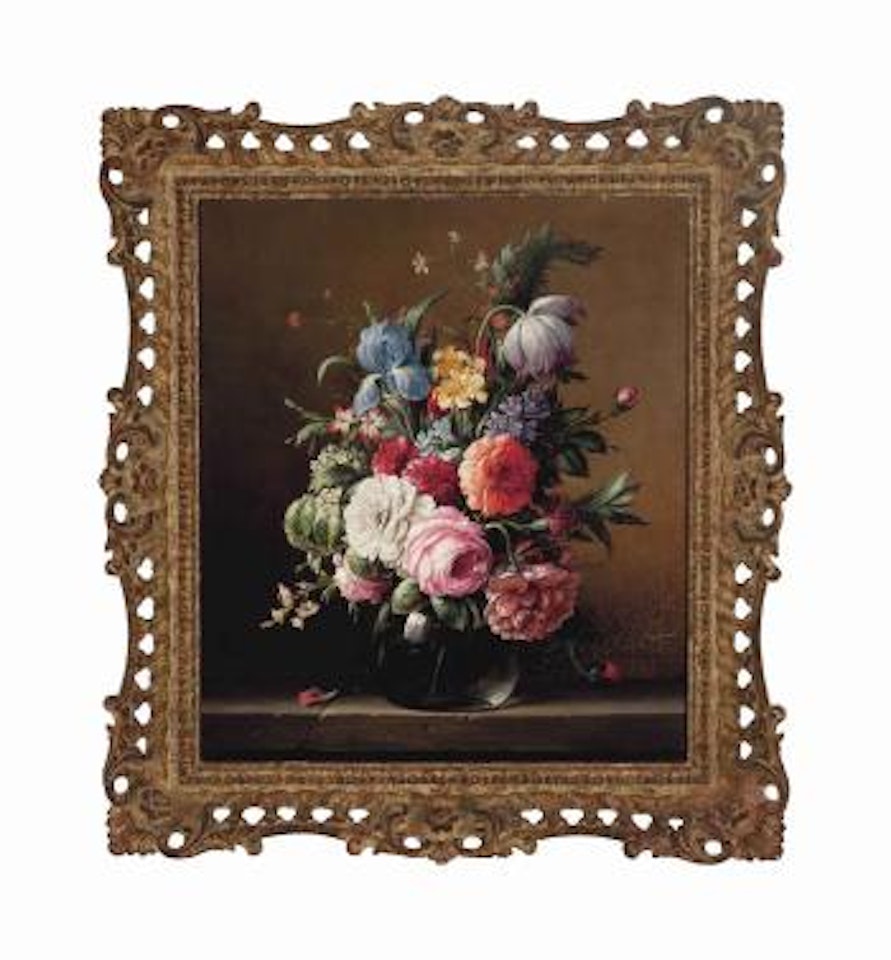 Peonies, tulips, daffodils, clematis and other flowers in a glass vase on a stone ledge by Frederick Victor Bailey