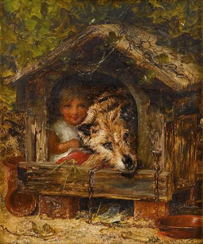 Girl and dog in dog house by Joseph Henry Sharp