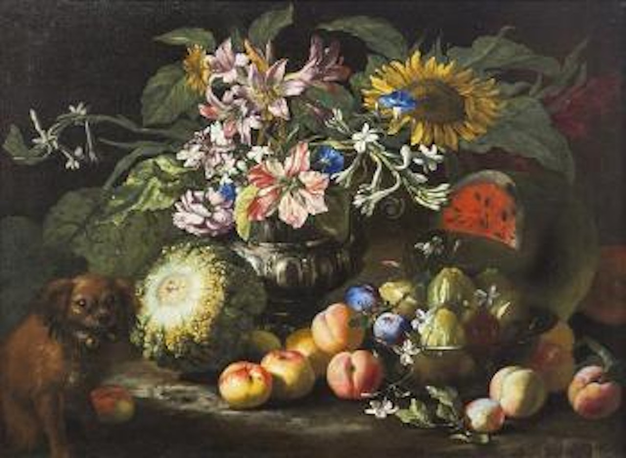 Nature morte (Still Life with Fruit and Dog) by Abraham Brueghel