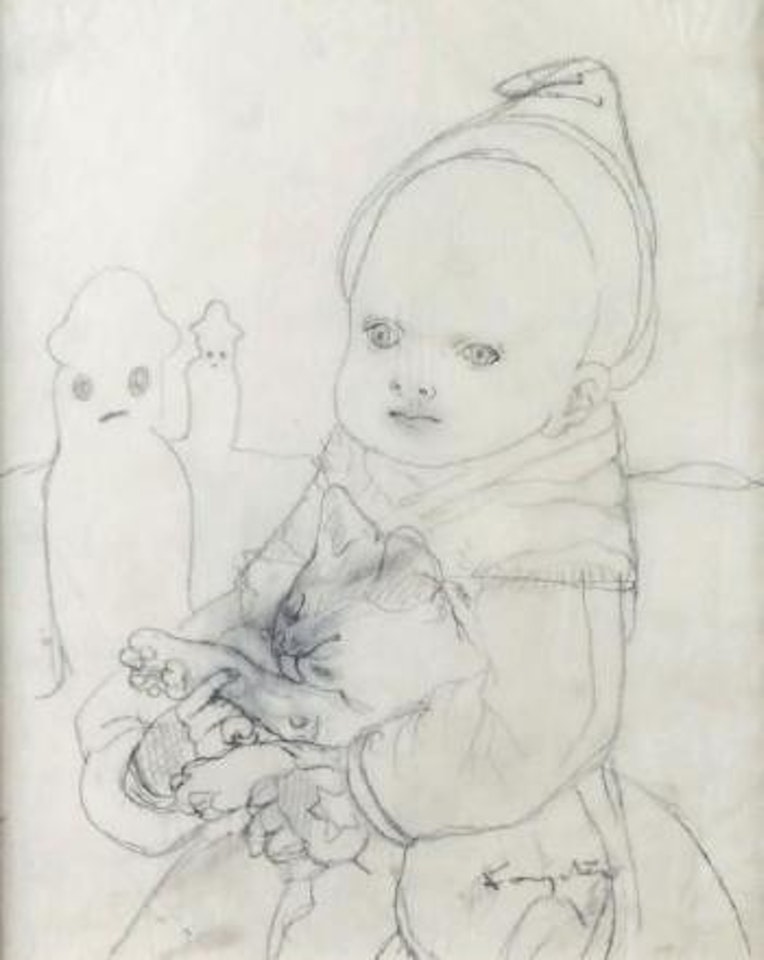 Petit enfant et son chat près des bonhommes de neige by Leonard Tsuguharu Foujita