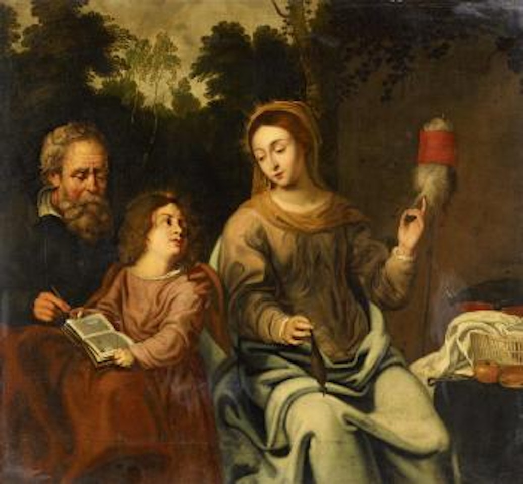 Saint Anne spinning with Jospeh teaching Mary to read by Dutch School
