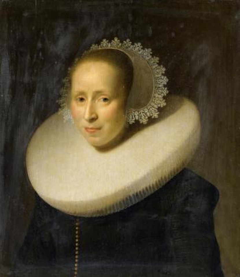 Portrait of a Lady in a Black Dress with Fraise and Hair Jewellery by Paulus Moreelse