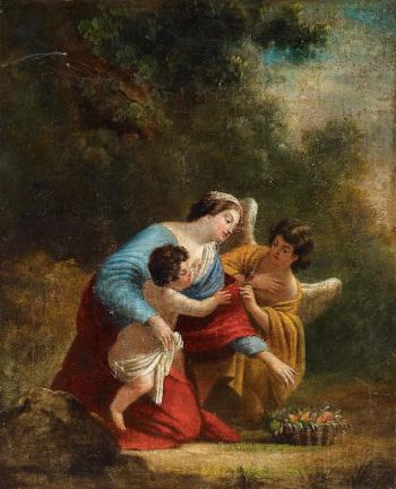 The Virgin and the Child, accompanied by an Angel passing Fruits by Simon Vouet