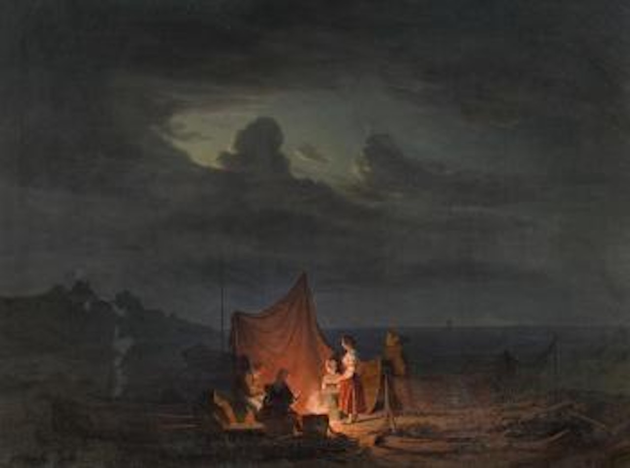 Family of a Fisherman by the Fire in front of a Nightly Coastal Landscape at the Baltic Sea by Anton Melbye