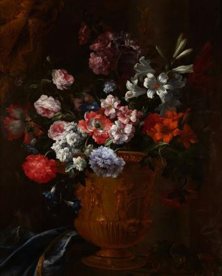 A still life of assorted flowers in a bronze vase by Jean Baptiste Monnoyer