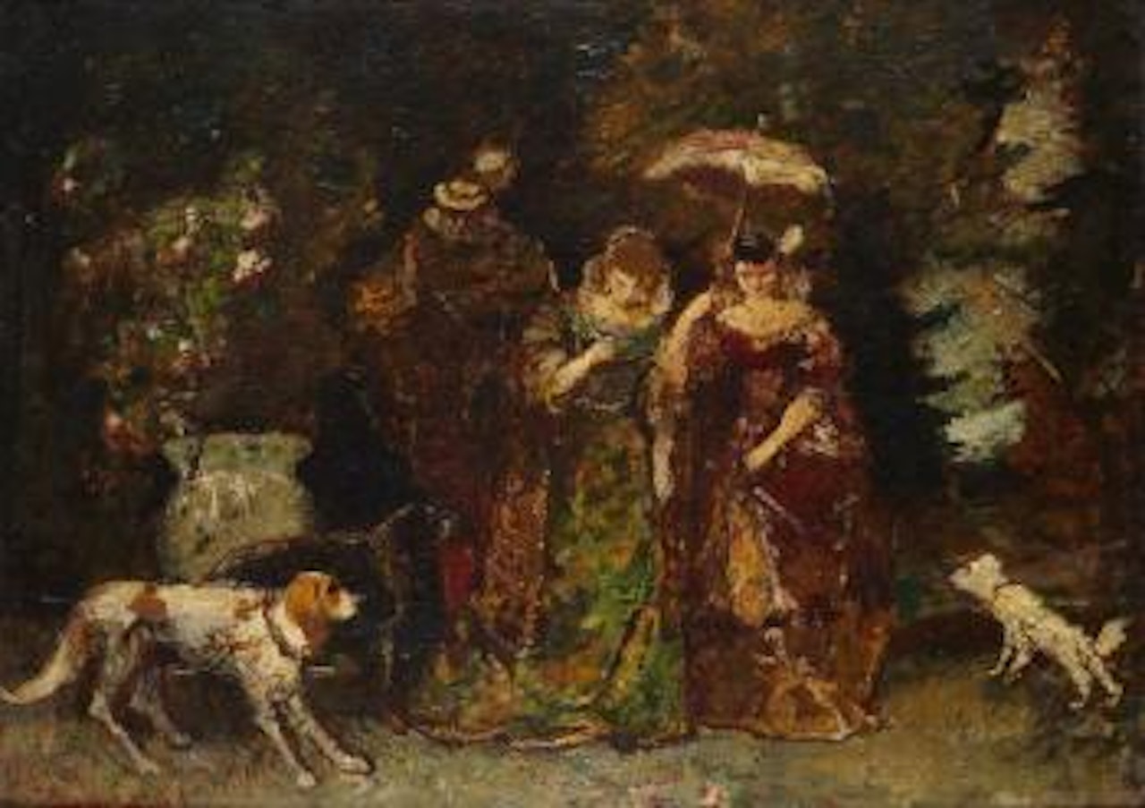 Elegant figures in a forest with dogs by Adolphe Monticelli