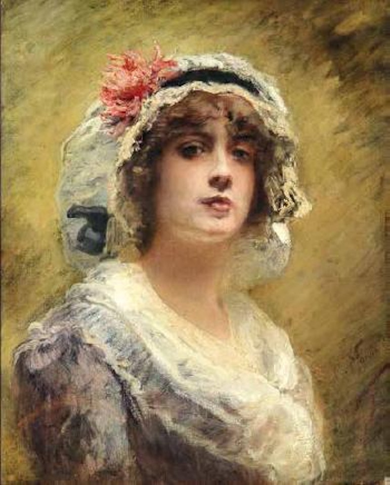 Portrait de femme aux chrysanthèmes rouge by Konstantin Makovsky