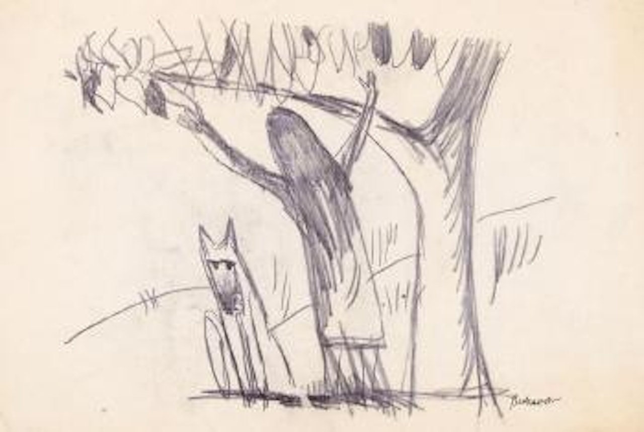 Girl and dog under tree by Charles Blackman