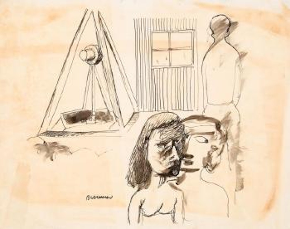 Figures, window, windmill by Charles Blackman