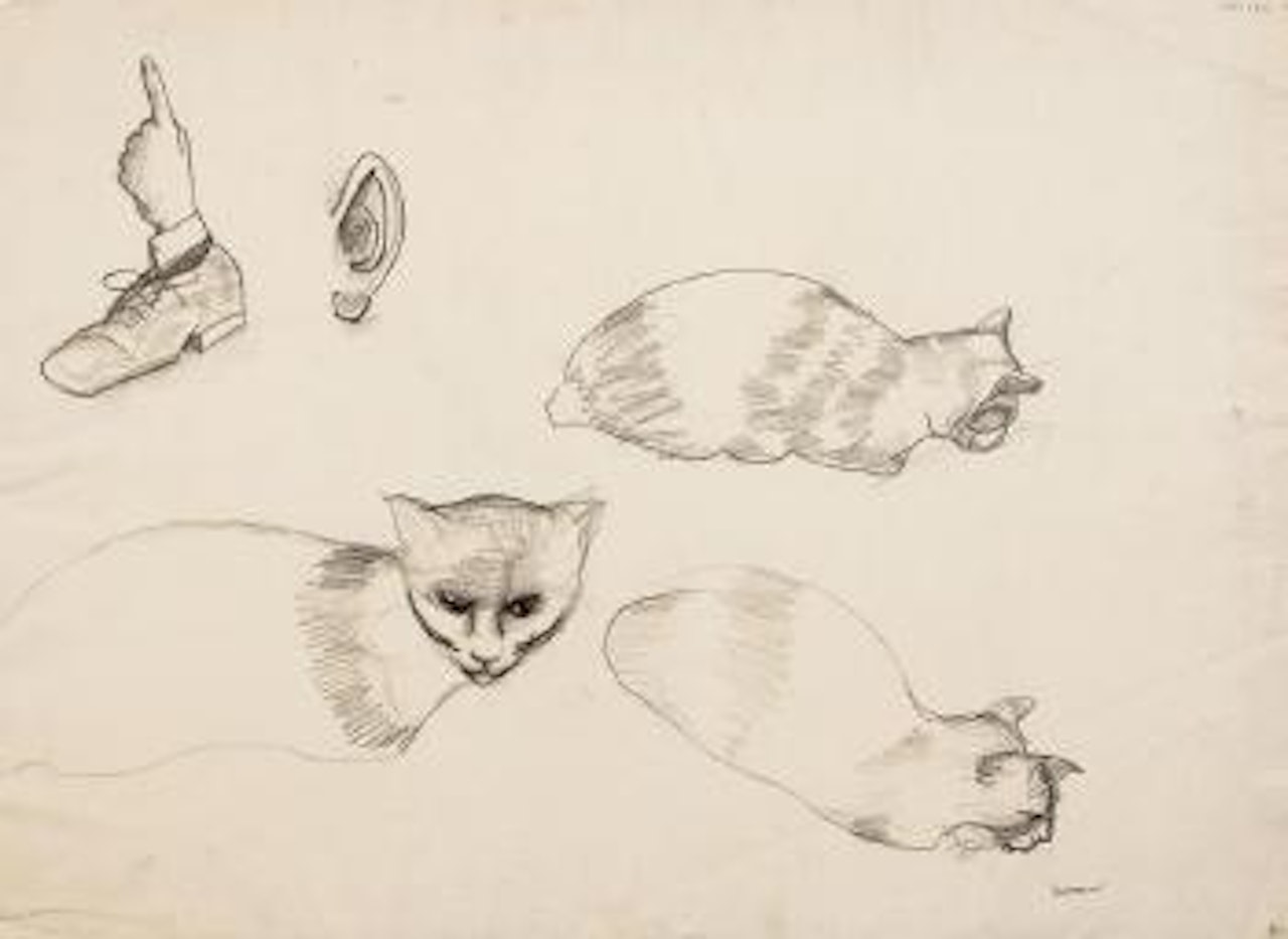 Three cats, hand in shoe and ear by Charles Blackman