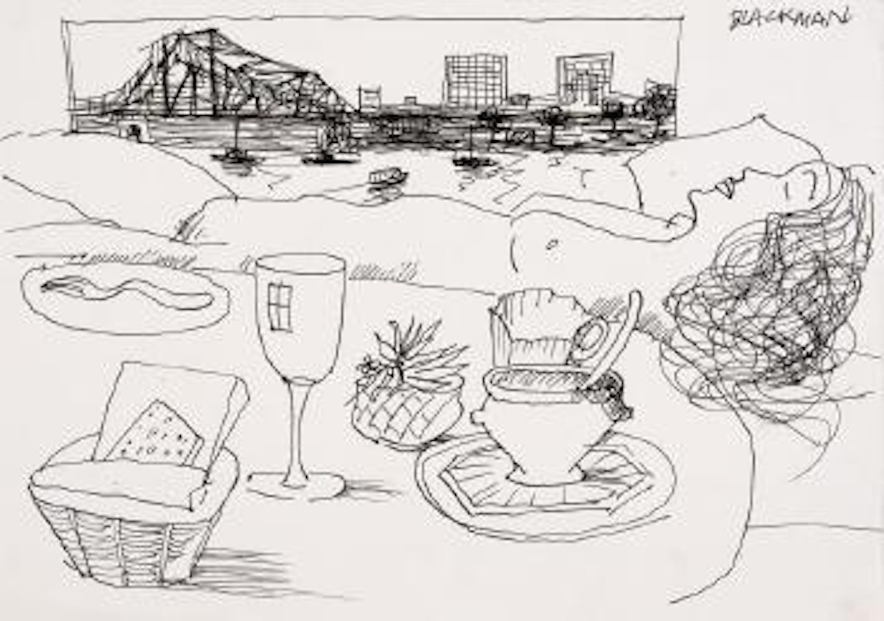 Still life with nude and Sydney Harbour by Charles Blackman