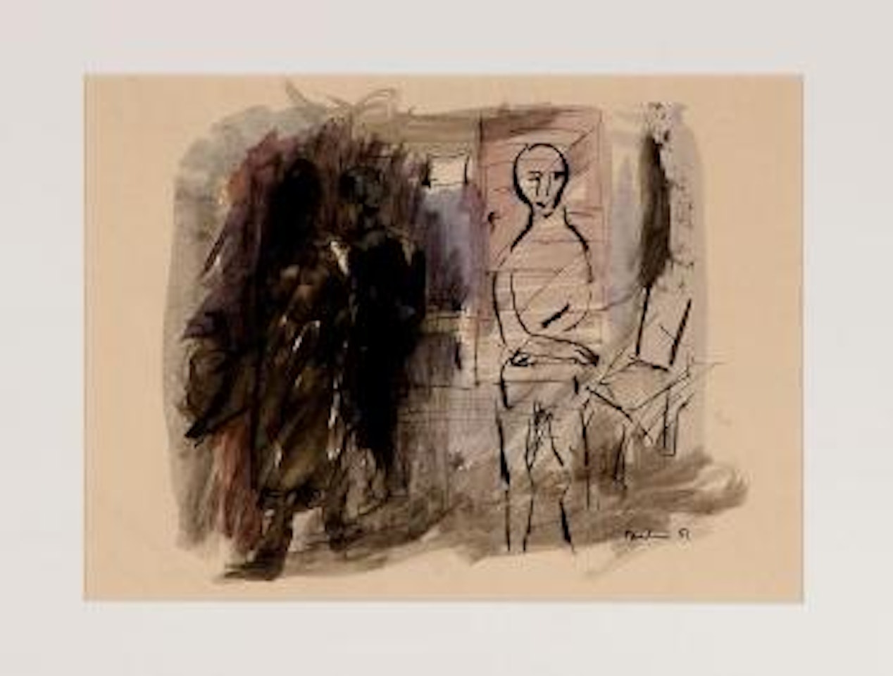 Three firgures in a room, one nude by Charles Blackman