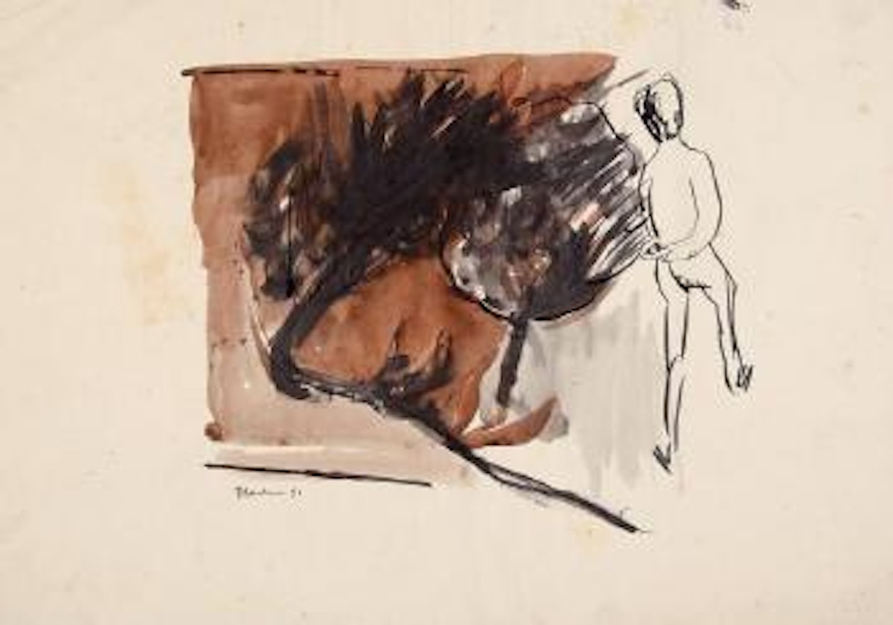 Boy walking around tree by Charles Blackman