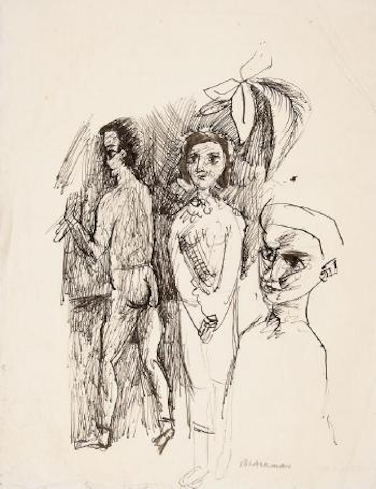 Three figures and palm leaves by Charles Blackman