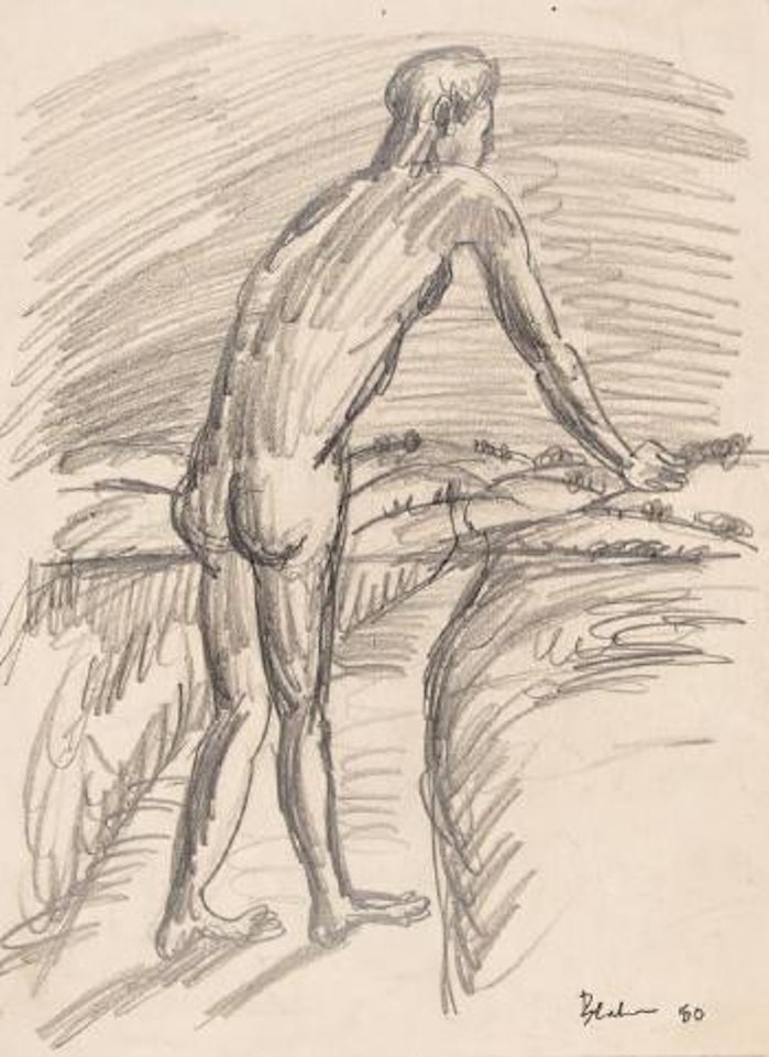 Male nude in landscape by Charles Blackman