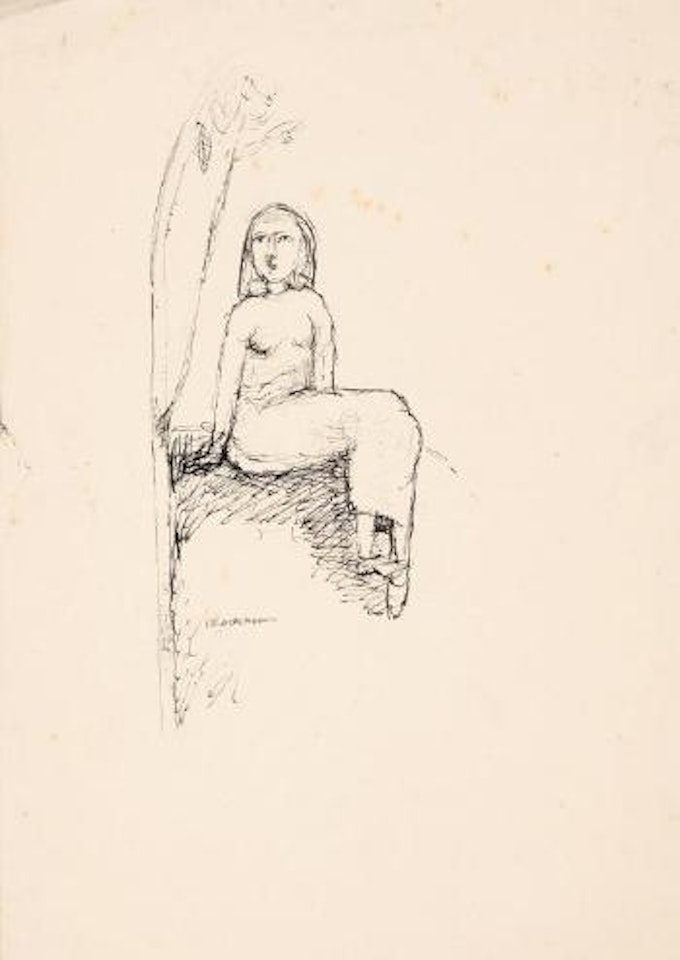 Girl sitting beside tree by Charles Blackman