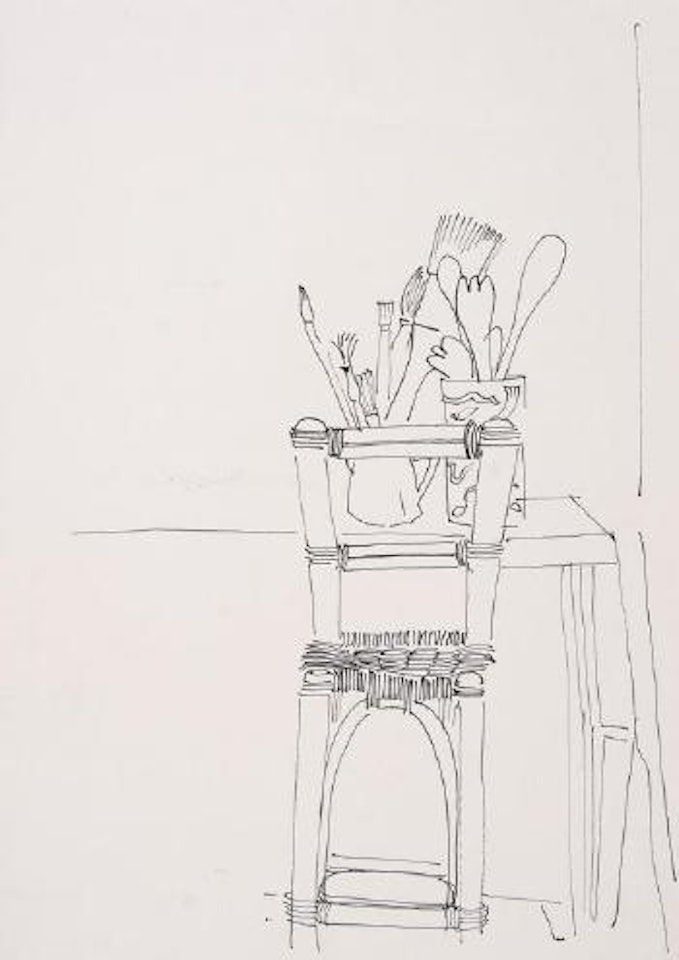 Still life with chair, paint brushes, and kitchen utensils by Charles Blackman