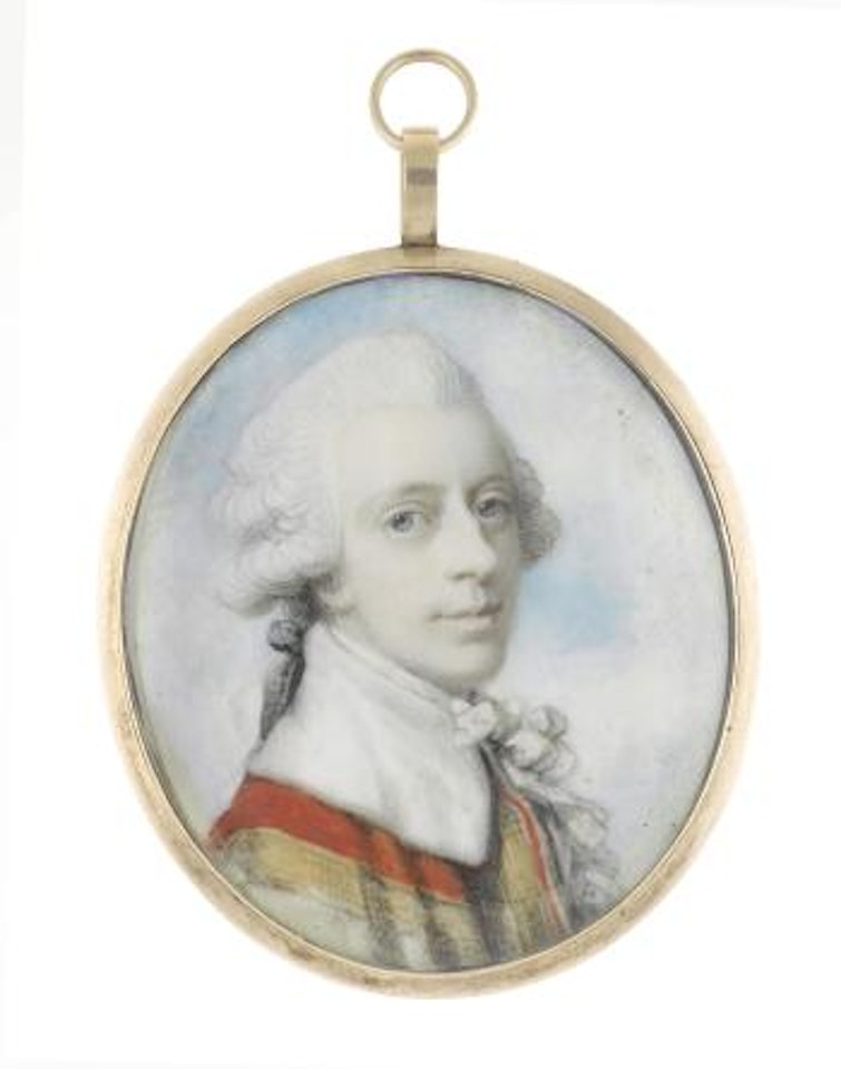 A Nobleman, wearing gold and scarlet Cloak with white Collar, frilled lace Chemise, Stock and tied Cravat, his powdered Wig worn en queue and tied with black Ribbon by Richard Cosway