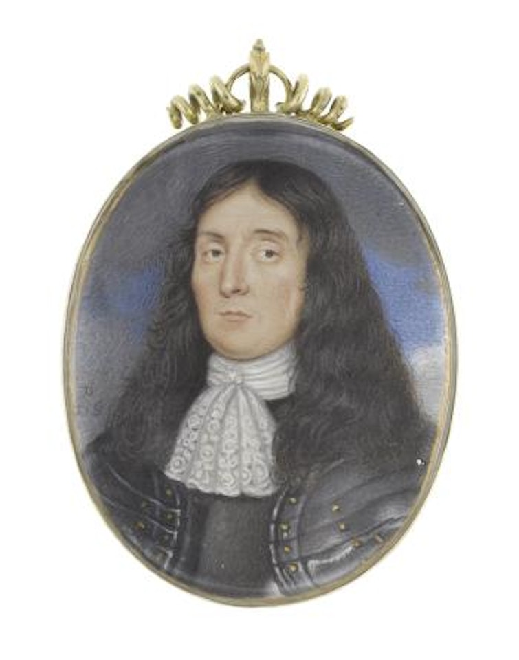 A Gentleman, wearing silver Armour with gilt Studs, white lace Jabot, his Hair worn long by David Des Granges