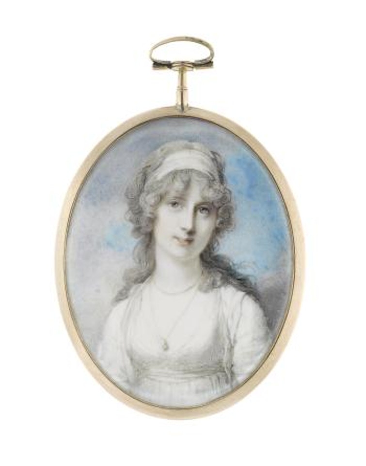 A Lady, wearing white Dress and matching bandeau in her powdered Hair, a double-stranded pendant Necklace suspended from her Neck by Richard Cosway