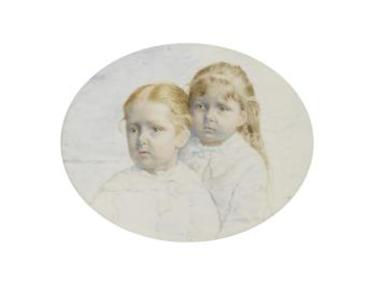 An unfinished miniature portraying two Young Girls seated and wearing Coats, the eldest also wearing a lace Collar by English School