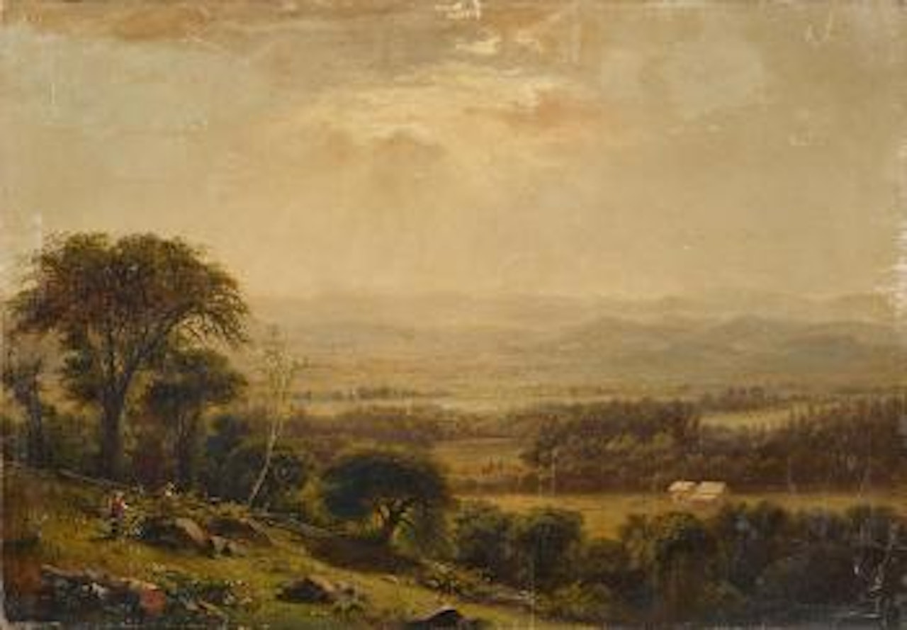 An extensive landscape with figures in the foreground by Jasper Francis Cropsey