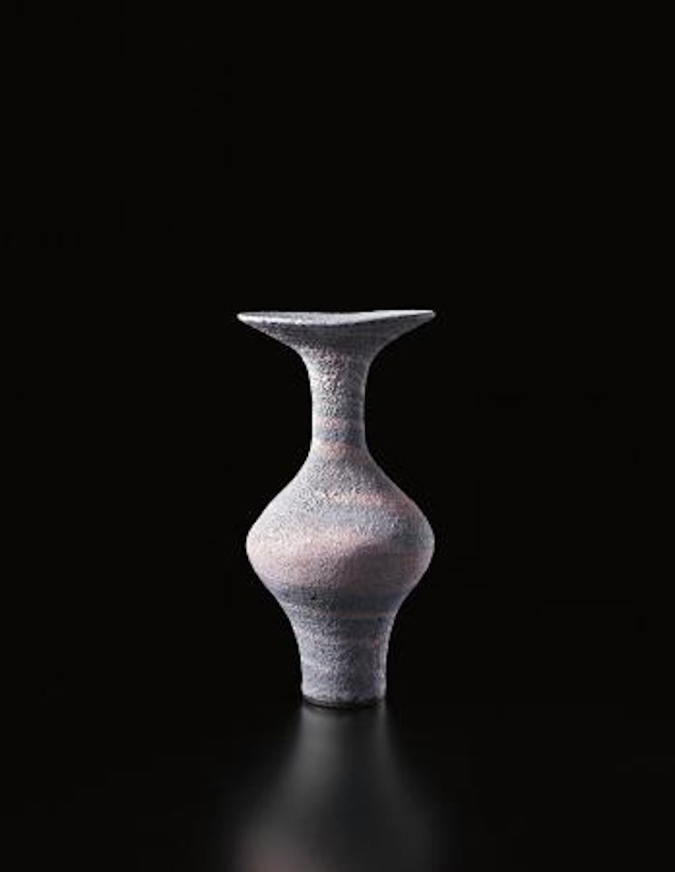 Vase with flaring lip and integral pink and blue spiral by Lucie Rie