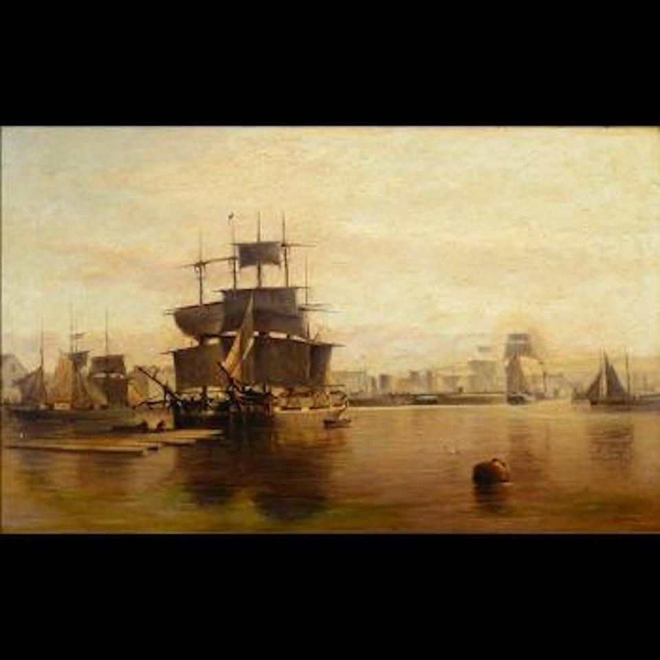 Ships in harbour at sunset by Hendrik-Willem Mesdag