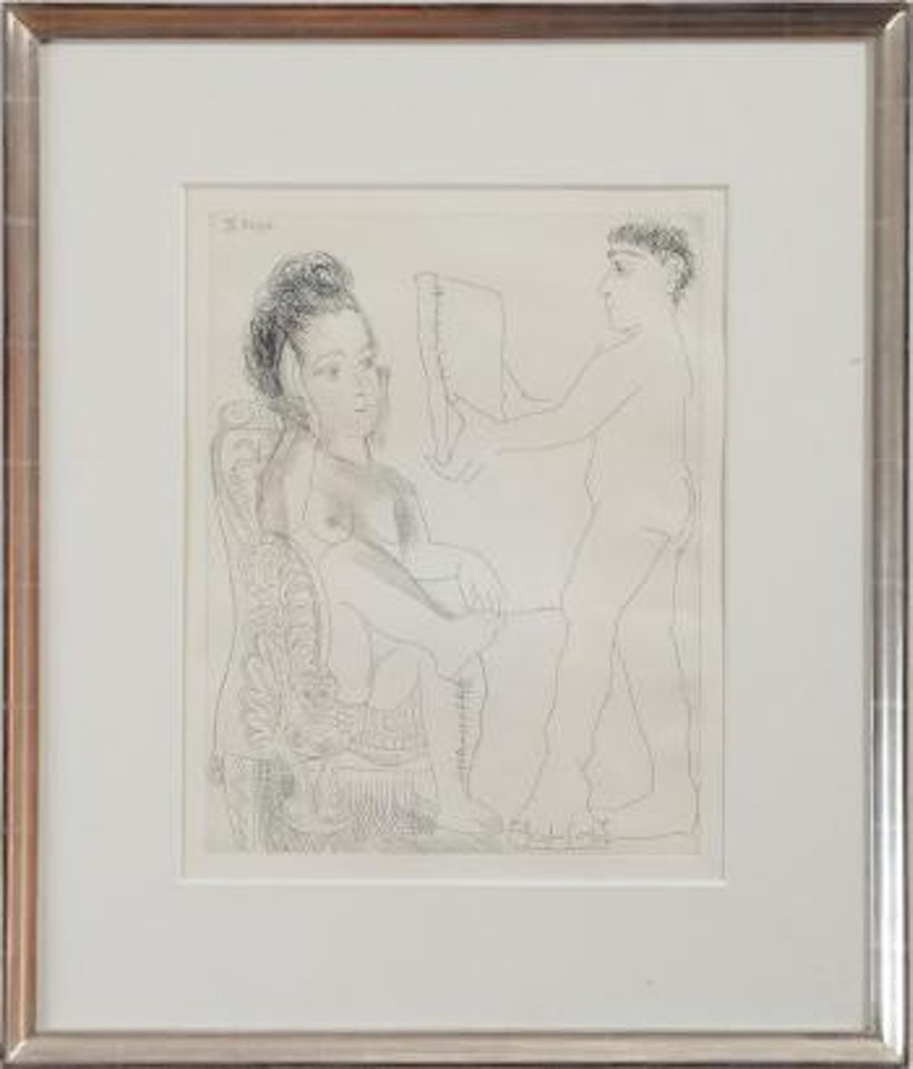 Jeune homme présentant un miroir, ou un portrait, à une femme by Pablo Picasso
