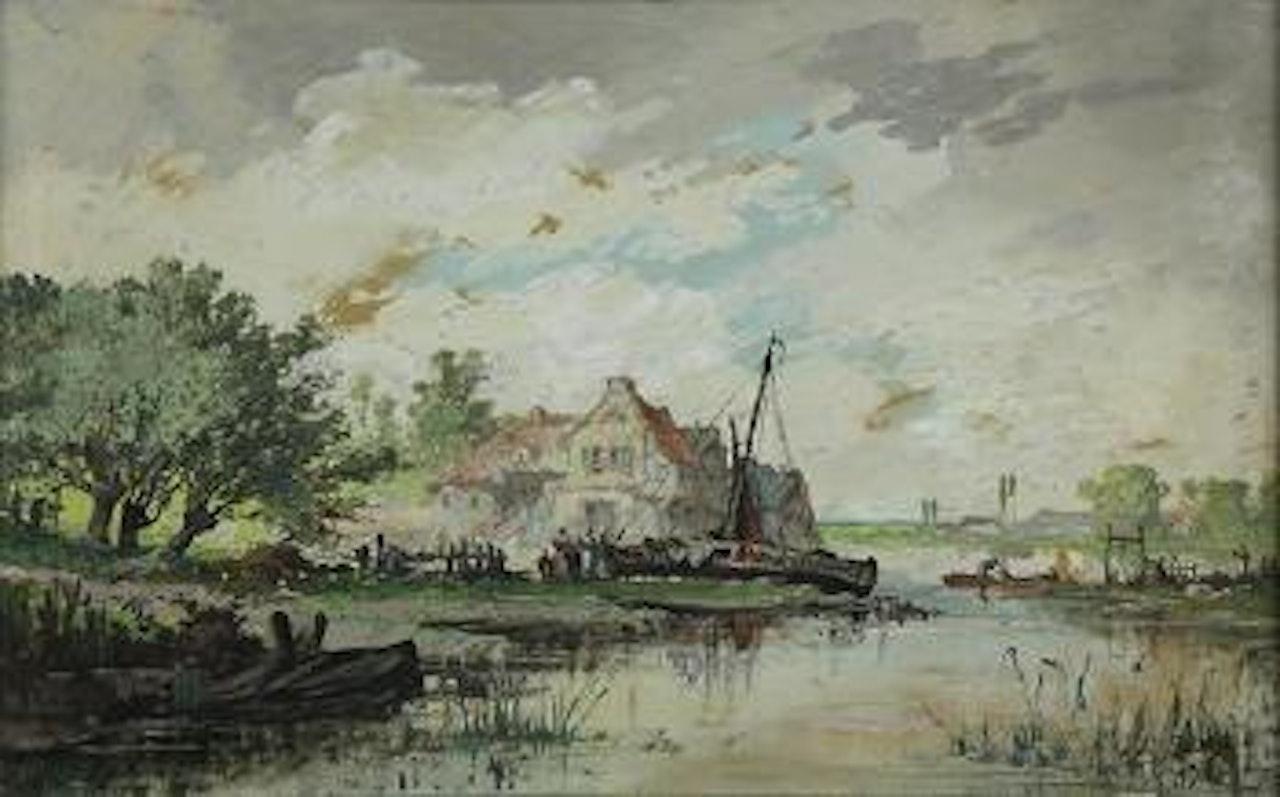 Fishing boat and figures by a river by Eugene Galien-Laloue
