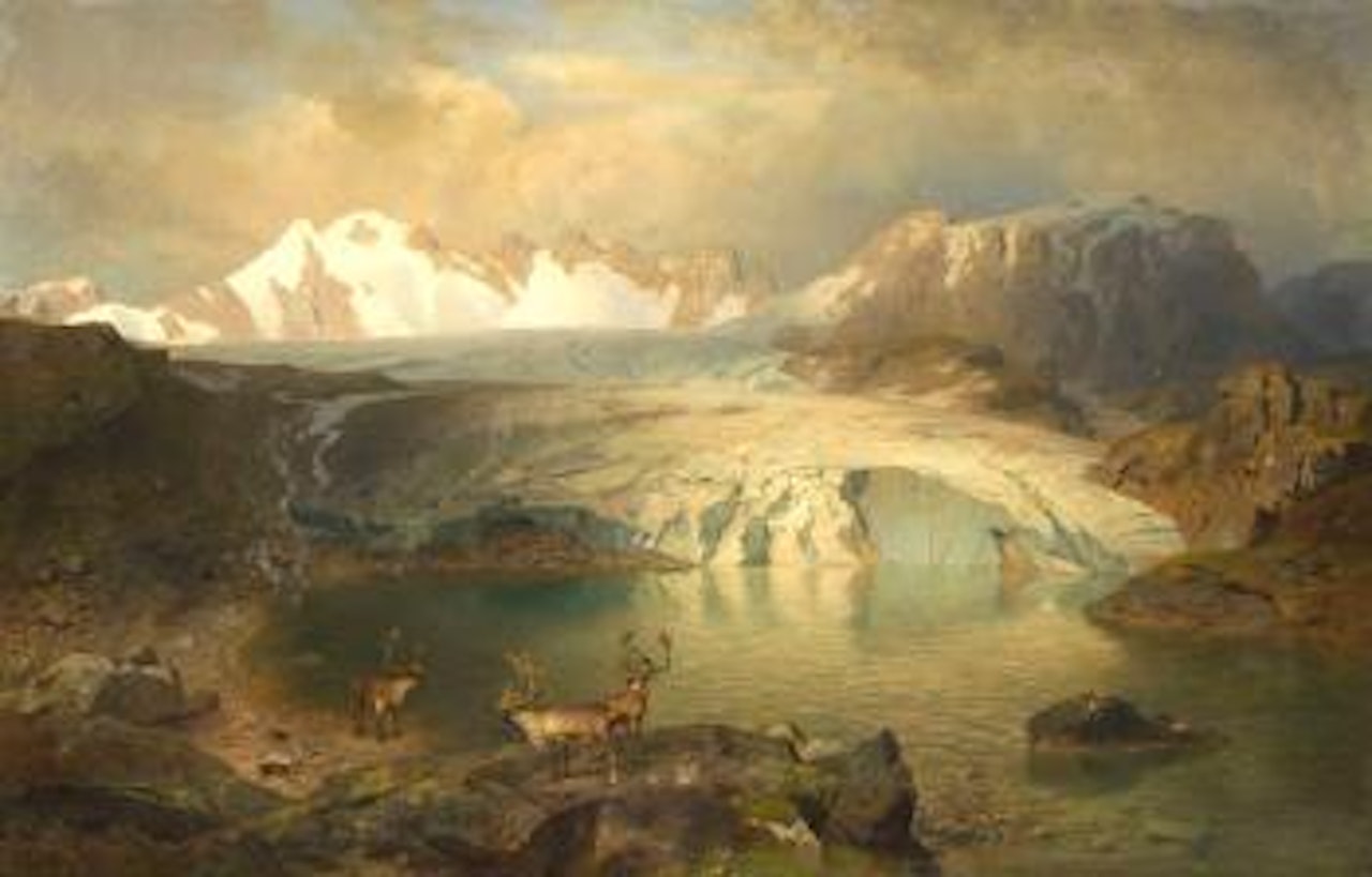 Fjordlandschaft mit Gletscher und Rentieren by August Wilhelm Leu