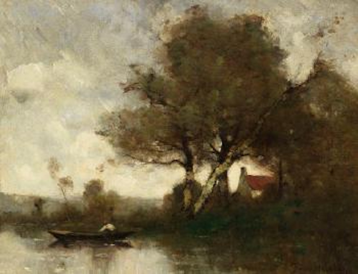 Flusslandschaft mit Haus und Mann im Kahn by Paul Désiré Trouillebert