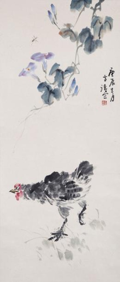 Coq se promenant sous des liserons et une abeille by Wang Xuetao