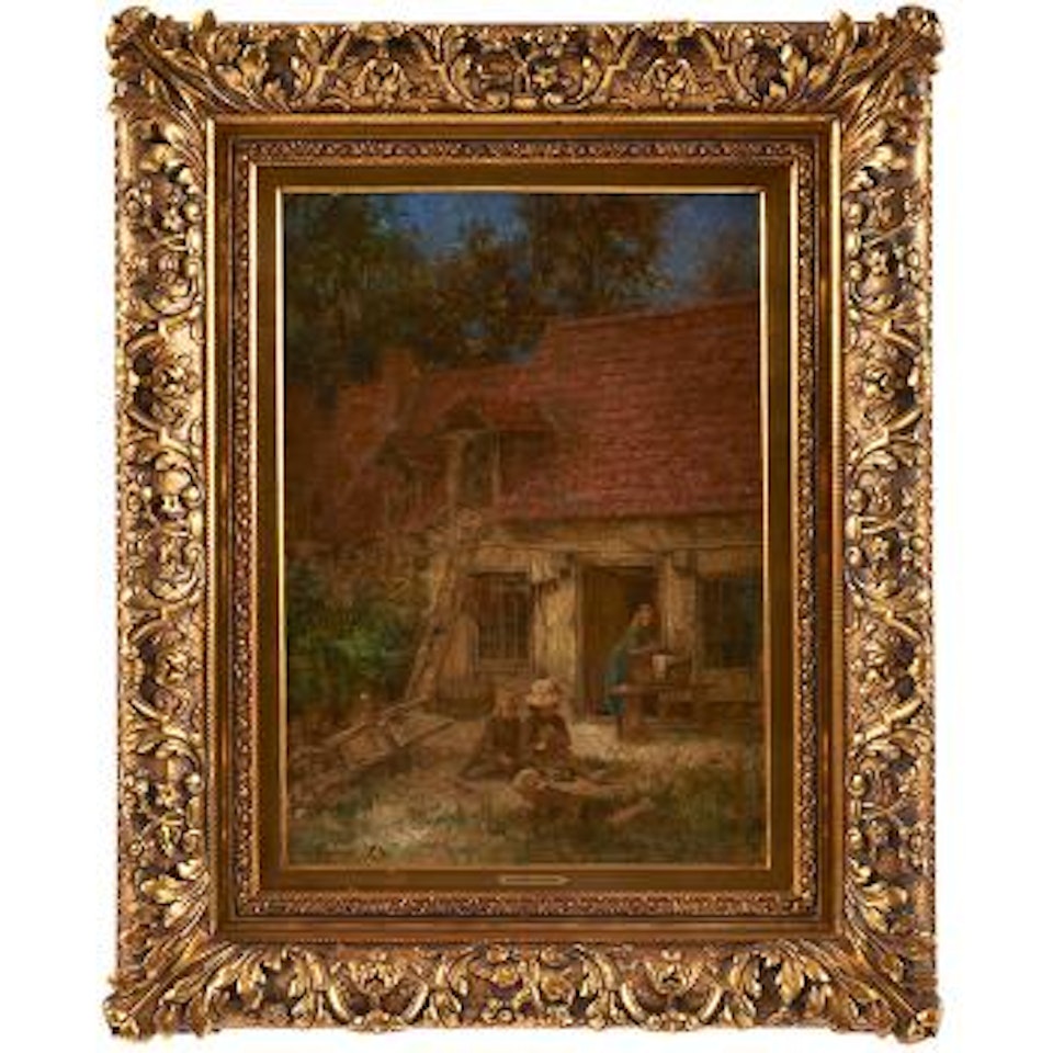 Children in front of a cottage by Alexei Harlamoff