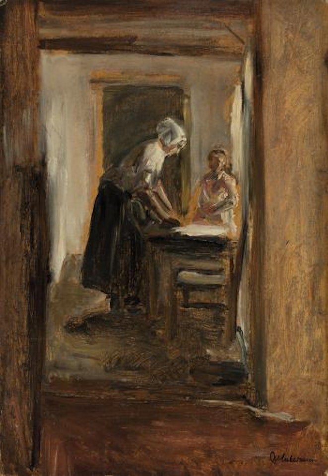 Interieur Mit Bügelnder Frau Und Kind by Max Liebermann
