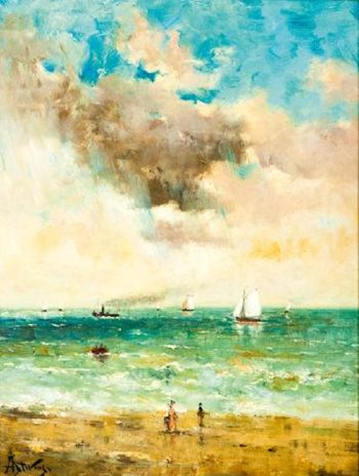 Vue d'un bord de mer animée d'une élégante et d'un passant by Alfred Stevens