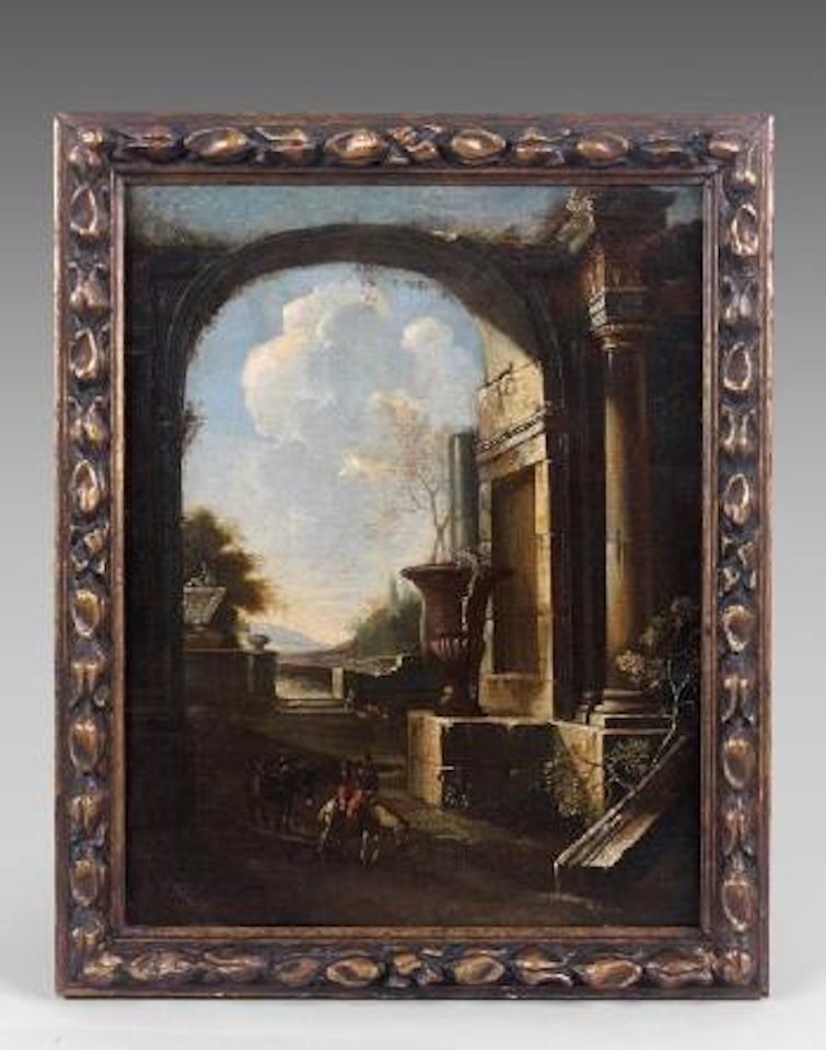 Caprice architectural animé de ruines, arc de triomphe et personnages by Viviano Codazzi