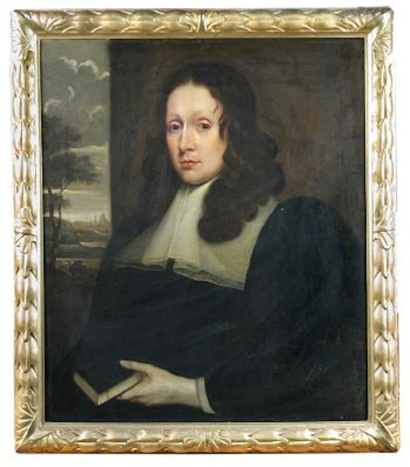 Portrait of a cleric and his wife, both half length, she in a white dress, red shawl and pearls; he holding a book by John Hayls