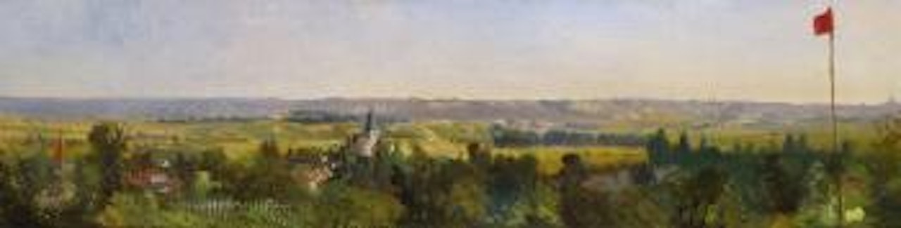 Landscape with a town and red flag by Henri Harpignies