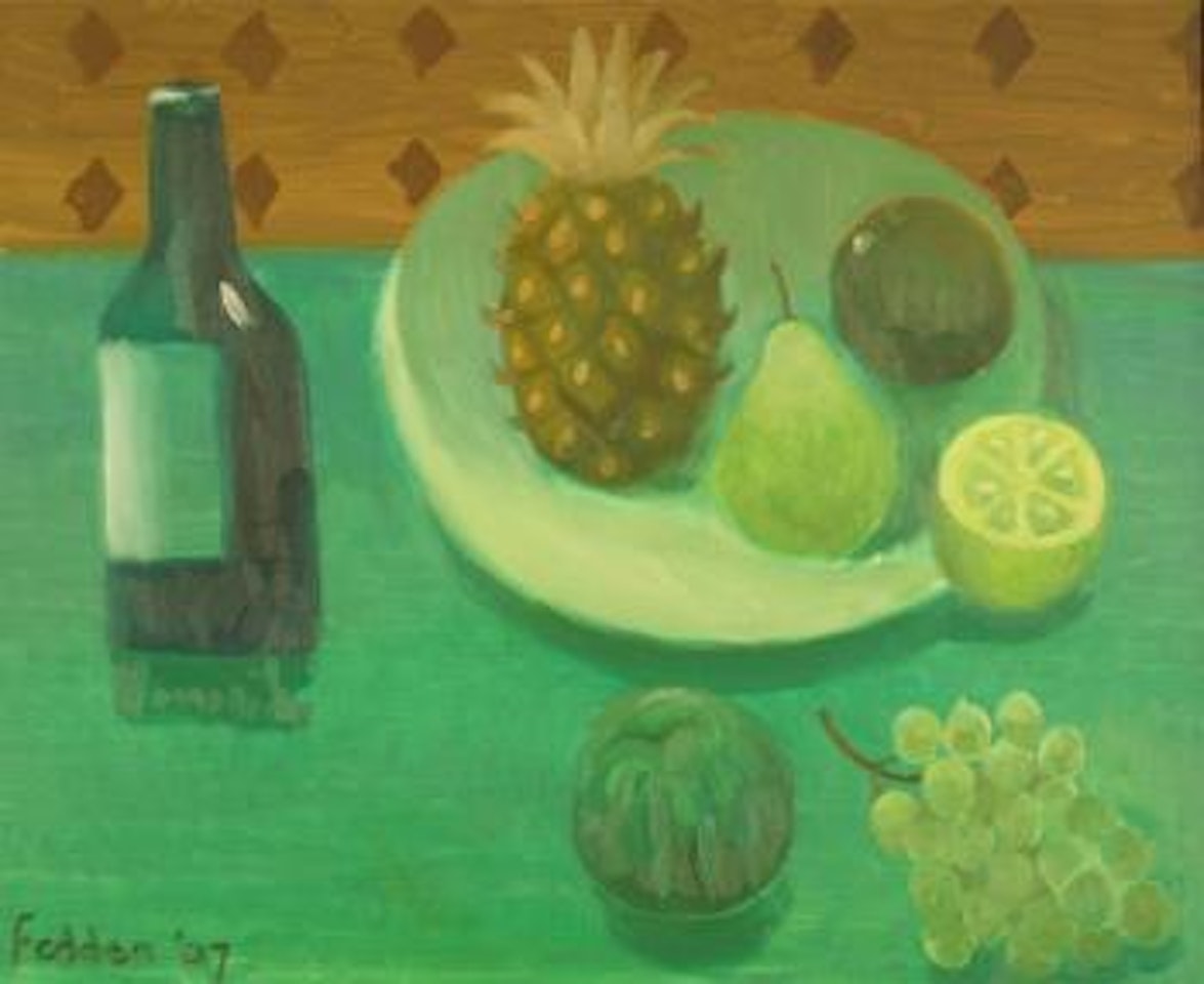 Still life with pineapple, fruit and bottle by Mary Fedden
