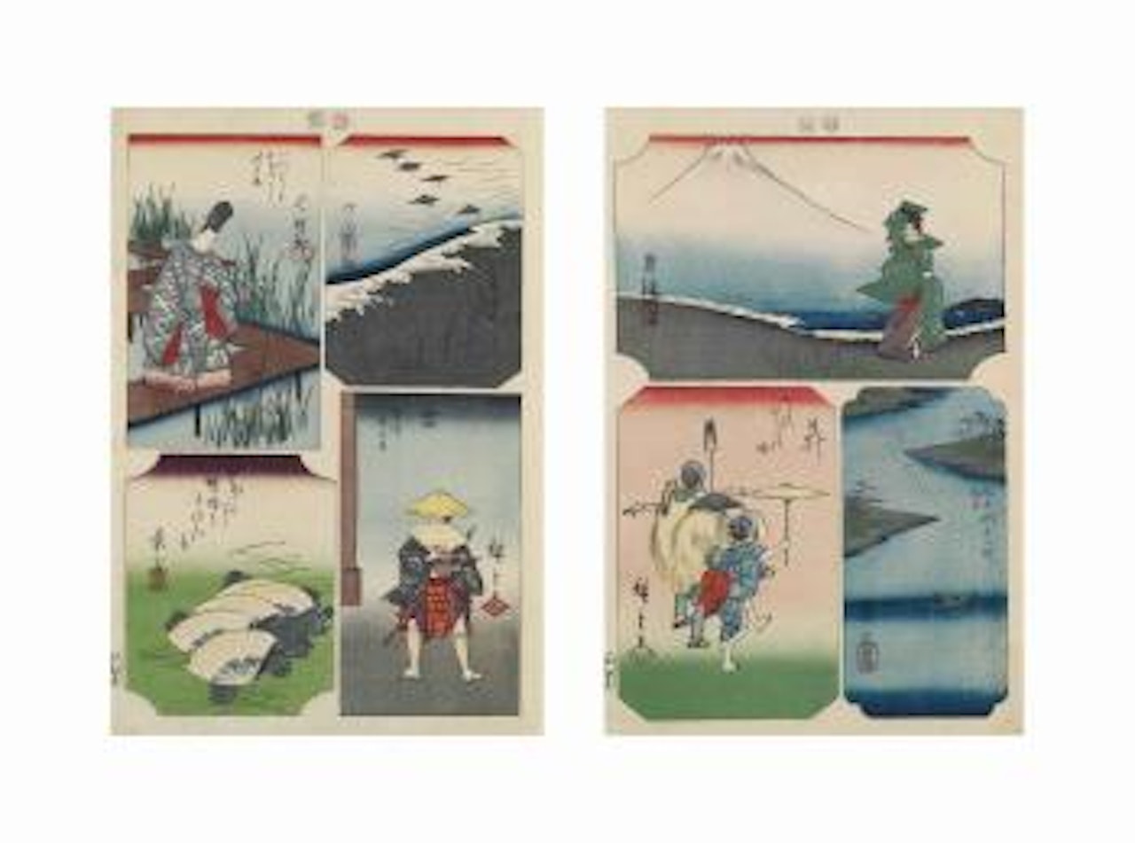 The Complete Set of Tokaido Gojusantsugi Zue [Pictures For The Fifty-three Stations Of The Tokaido Road], Variously Signed, Published By Kinkodo Yamaguchi, 1856, Each Print Comprising Scenes Of: by Utagawa Hiroshige