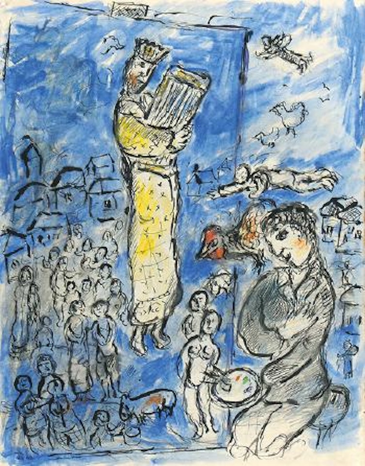 Le peintre et le Roi David sur fond bleu by Marc Chagall